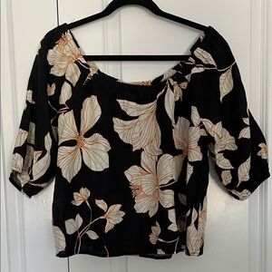 Cynthia Rowley Black Floral Off-Shoulder Top with Cream and Tan Blooms
